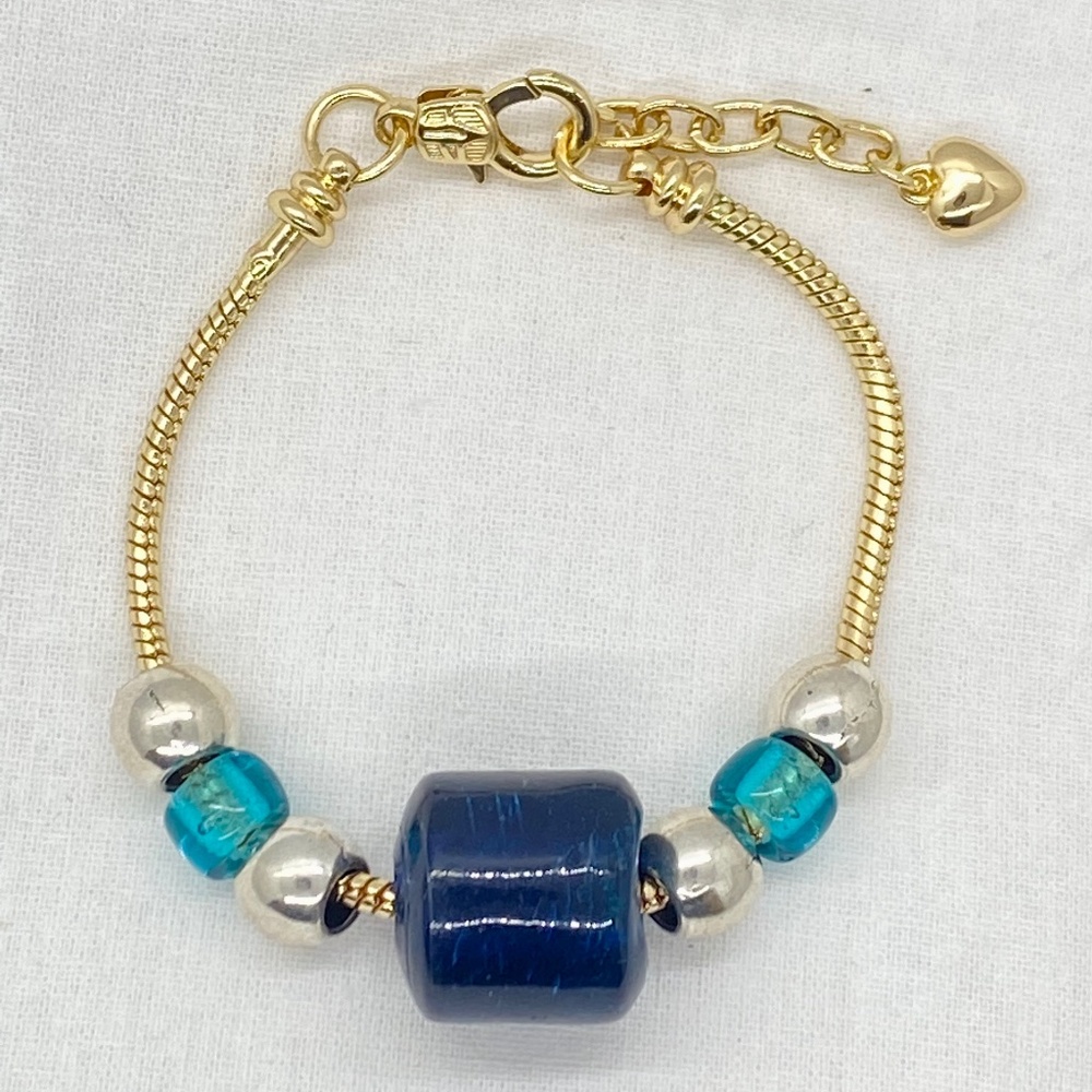 Blue, Silver & Aqua Beads on Light Gold Colored Snake Chain Bracelet